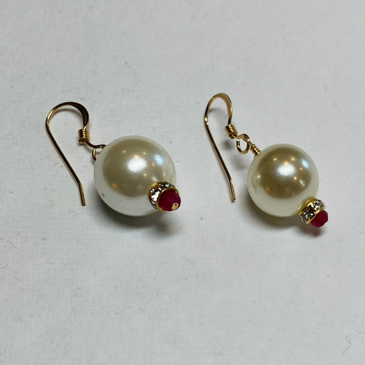 Lustrous Pearl, Rhinestone and Ruby Earrings