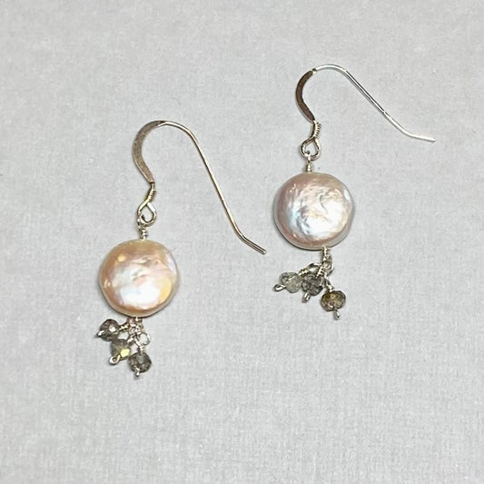Coin Pearls and Labradorite Cluster Earrings