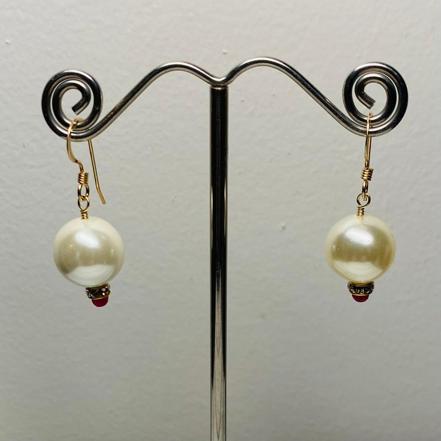 Lustrous Pearl, Rhinestone and Ruby Earrings