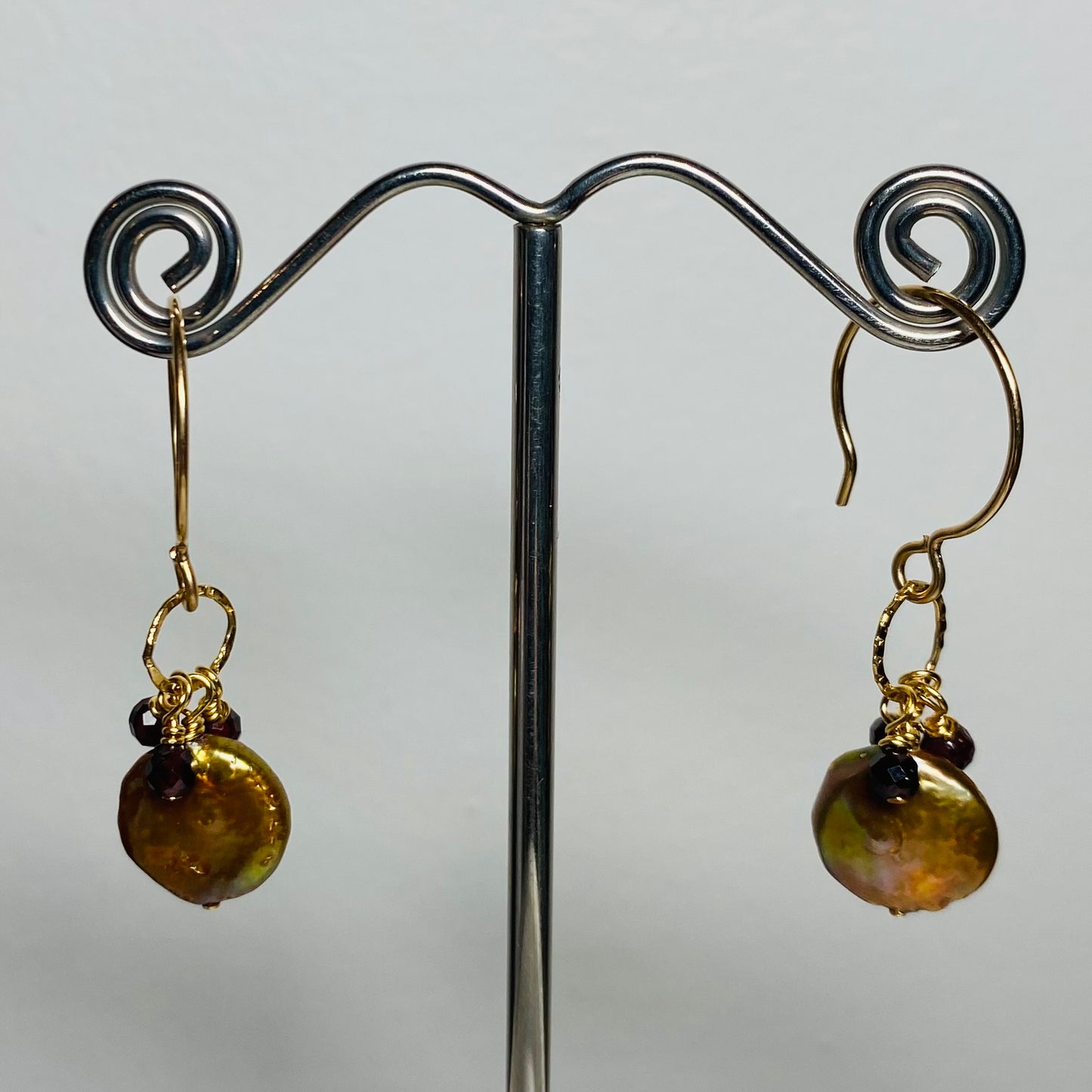 Bronze Pearl and Garnet Cluster Earrings