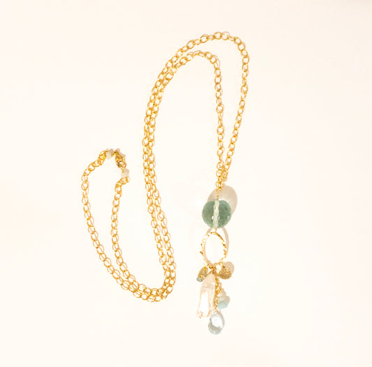 Long Gold Chain Necklace with Cluster of Luminous Water Gems