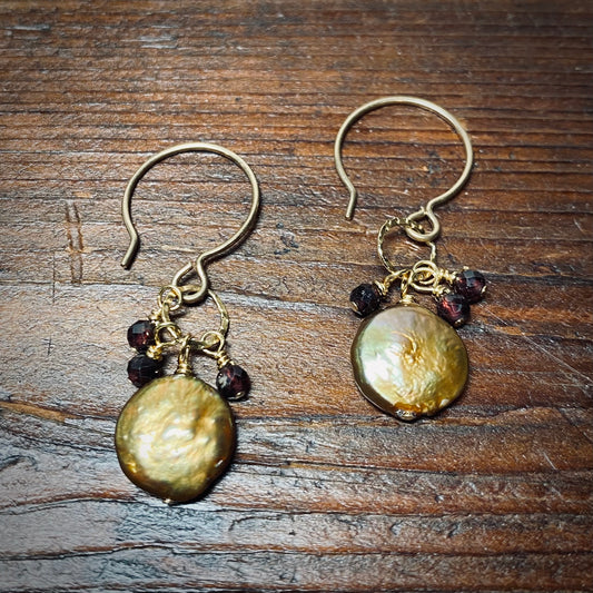 Bronze Pearl and Garnet Cluster Earrings